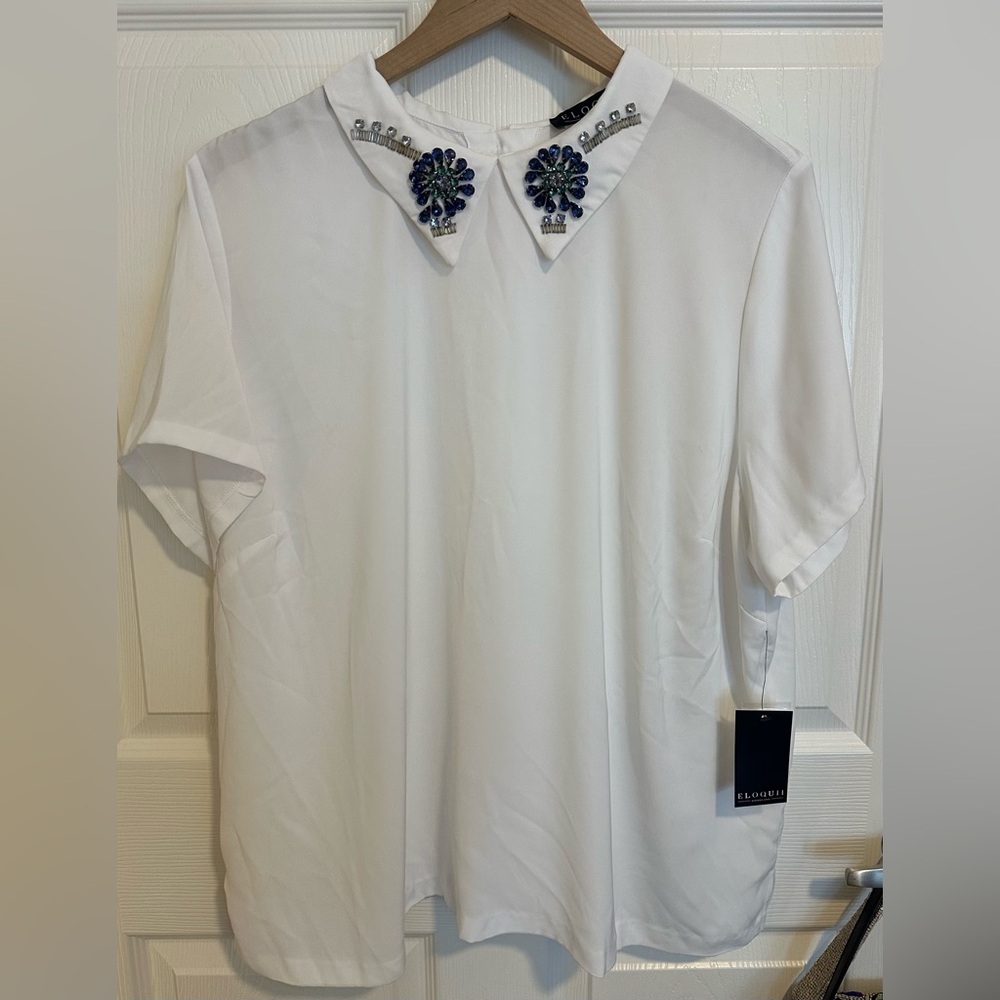 Eloquii women’s White Short Sleeve Shirt with Blue Green Jeweled Collar new